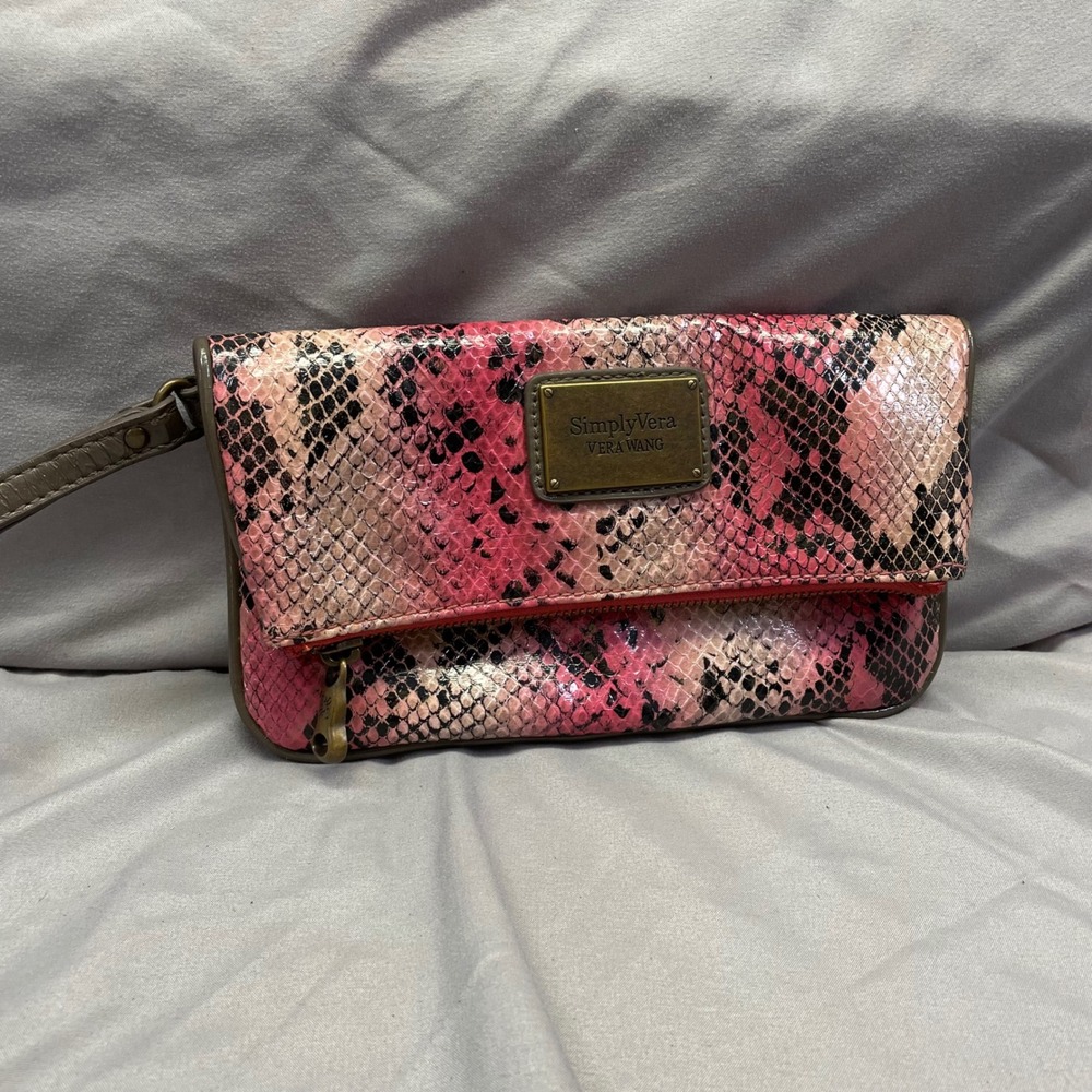 Simply Vera Vera Wang Pink Snakeskin Foldover Wristlet Clutch Bag Brass Hardware